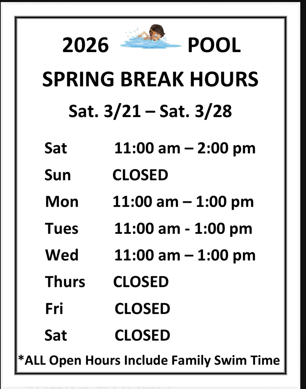 Pool Spring Break Hours 2026
